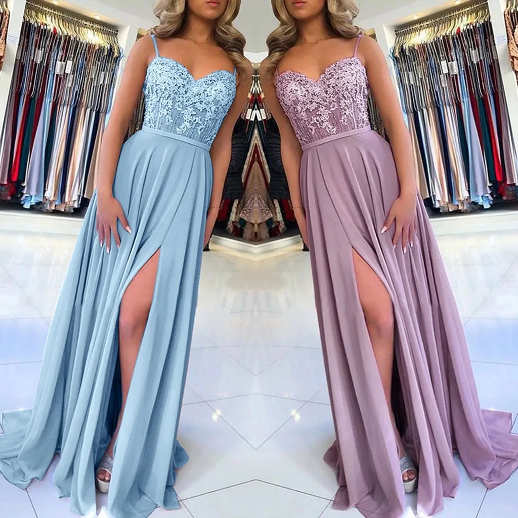 GDYBAO Women‘s Spaghetti Straps Bridesmaid Dresses Long Slit Lace Chiffon Prom Dress Backless Wedding Party Evening Gowns