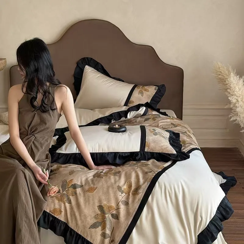 French retro style cotton long-staple cotton jacquard four-piece set, pure cotton printing