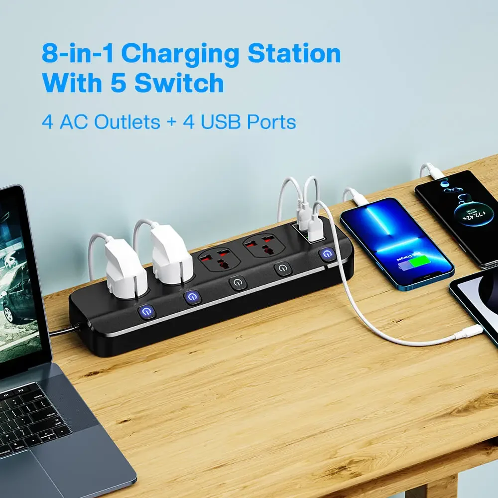 4 Universal Socket 2500W Power Strip for Residential with USB Type-C Charging Station Adapter 4 AC Outlets Power Strip 5 Swich