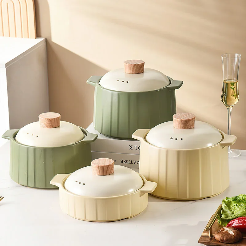 Ceramic Casserole Korean Creative Large Soup Pot Beige Green Stockpot Small Saucepan Cooking Supplies Kitchen Pot Cookware