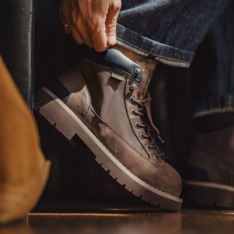 Maden Splice Suede Work Boots Men's Vintage Chunky Sole Round Toe Combat Boots Lace-Up Ankle Boots for Desert Hiking & Casual