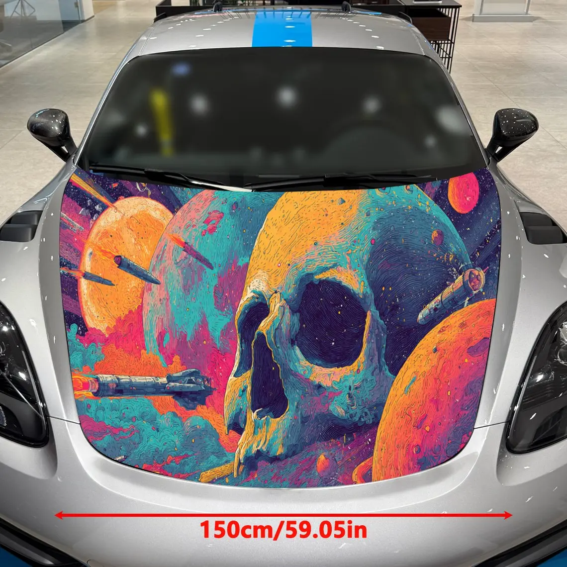 Cosmic Skull and Rocket Car Hood Wrap, Vibrant Space - Themed Car Hood Vinyl, Auto Cover Sticker, Waterproof and Self-adhesive C