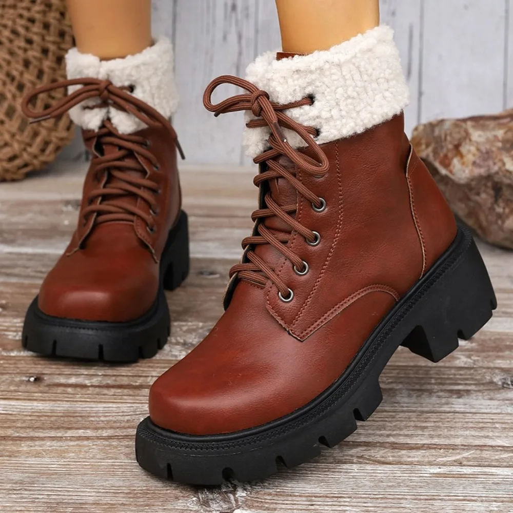 Winter Fashionable Womens Snow Boots Plus Velvet Platform Female Leather Boot 2024 New Women Shoes Heeled Ankle Boot