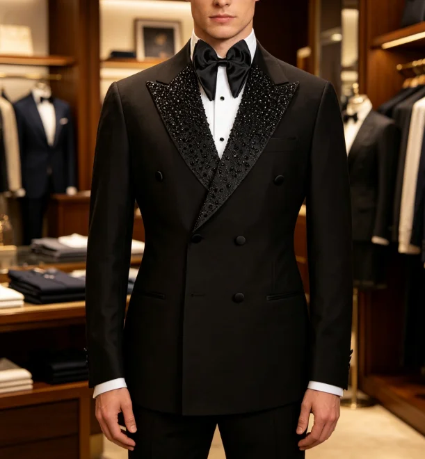 Sparkly Rhinestone Black Tuxedo Suit 2 Piece Set For Men Double Breasted Blazer And Slim Fit Pants Prom Wedding Customized