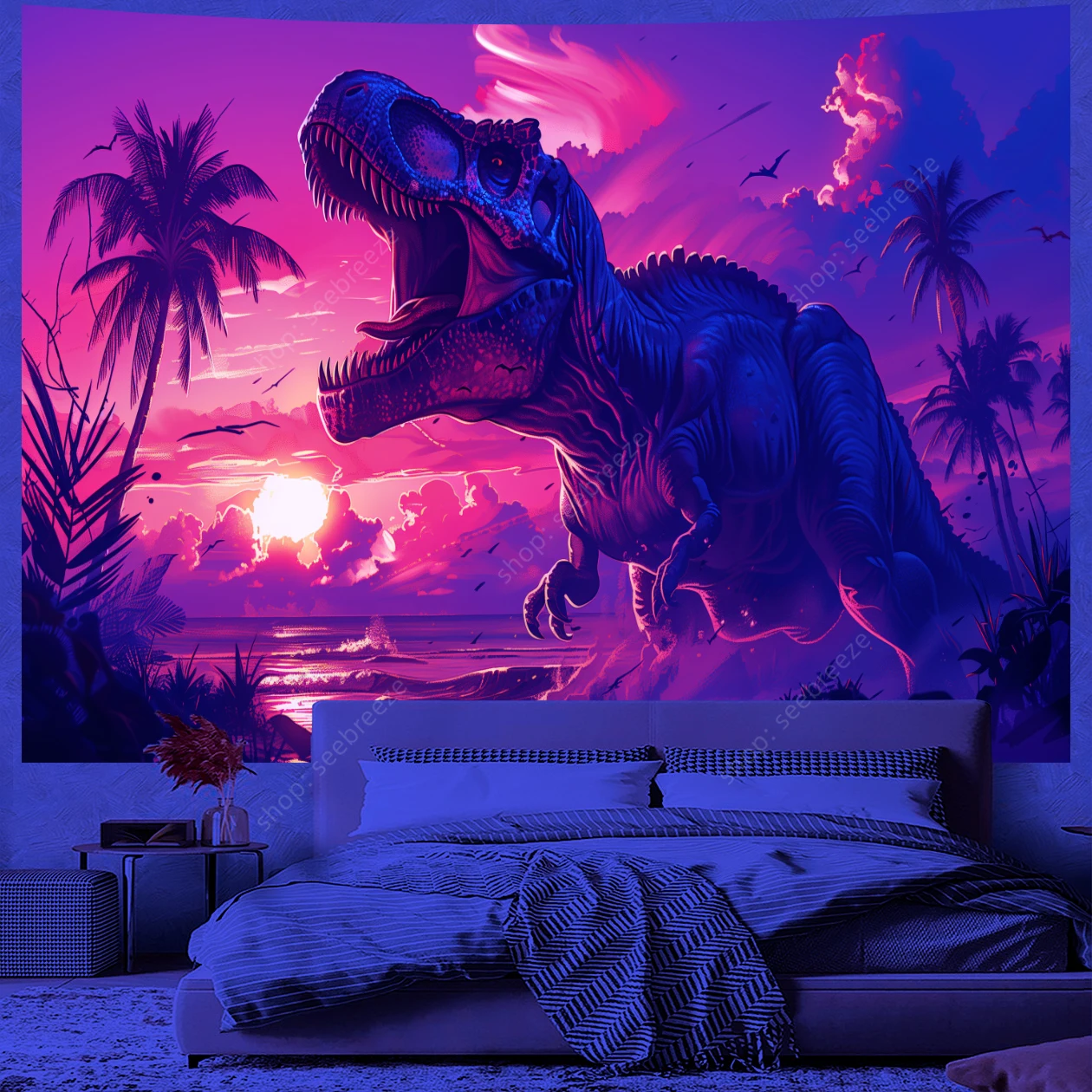 

Jurassic Realm Tyrannosaurus UV Reactive Tapestry Wall Hanging for Room Decor Aesthetics Outdoor Carpet Gift for Child Birthday