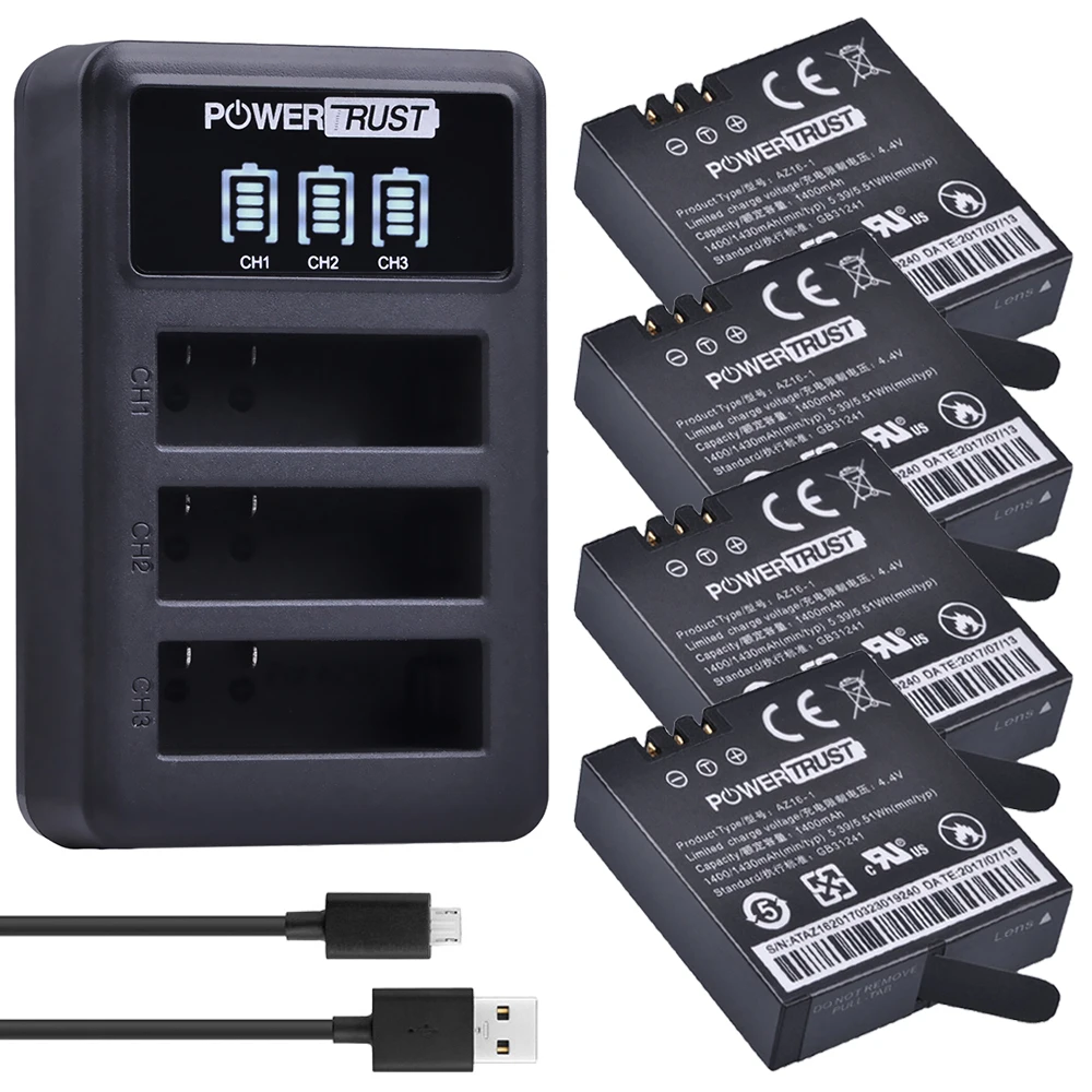 PowerTrust AZ16-1 Battery+LED 3Slots Charger for Original Xiaomi YI lite 2 4K 4k for Xiao yi 4k Action Camera