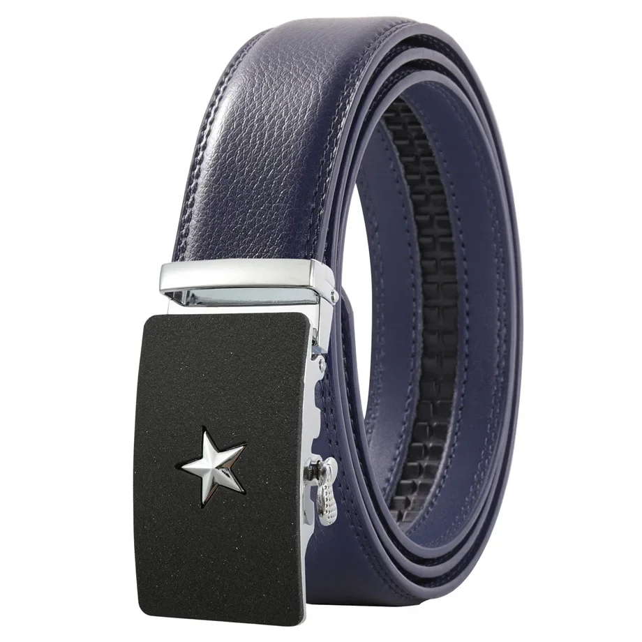 Plyesxale Five-pointed Star Automatic Buckle Belt 150cm 140cm Luxury Mens Belts Genuine Leather White Blue Green Red Brown B821