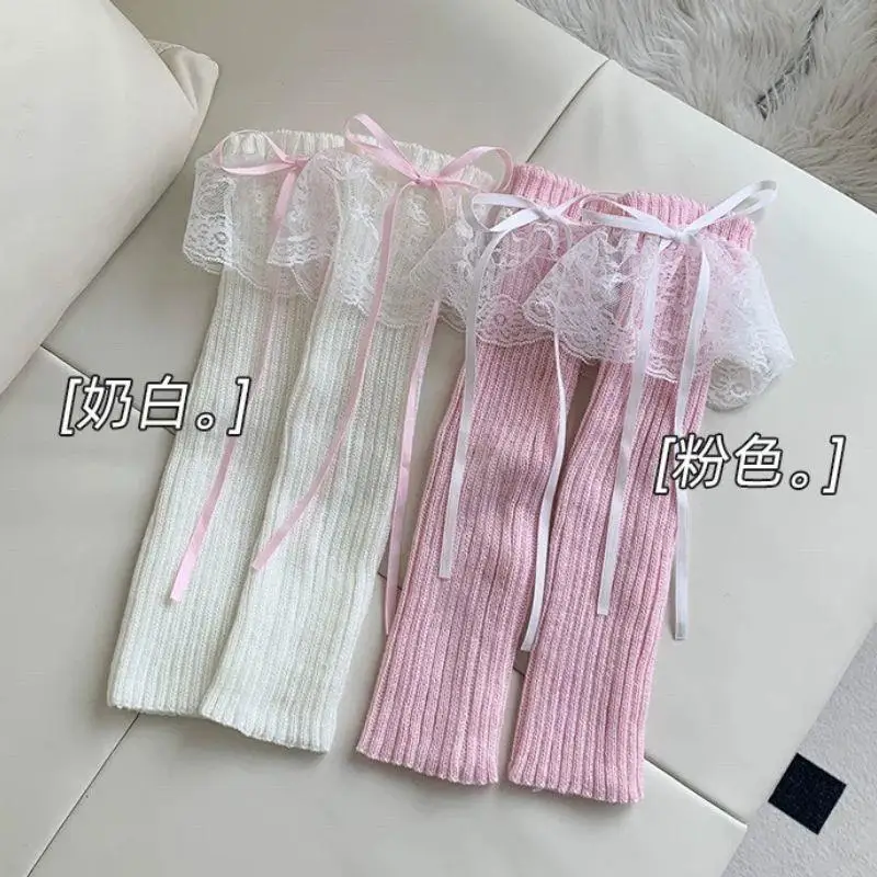 

INS Woman Leg Warmers Autumn And Winter Ribbon Japanese Lolita Black Knee Warmers Long Socks JK Knitted Girl White Leg Warmers