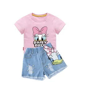Gedruckte Kleidung von Disney Girls 'Cartoons, Donald Duck -Sets, Sommerhemd, Jeanshorts, Mädchenkleidung, Mädchenkleidung, 2024 6 Hauptverkäufe Denim für Mädchen festgelegt - №1