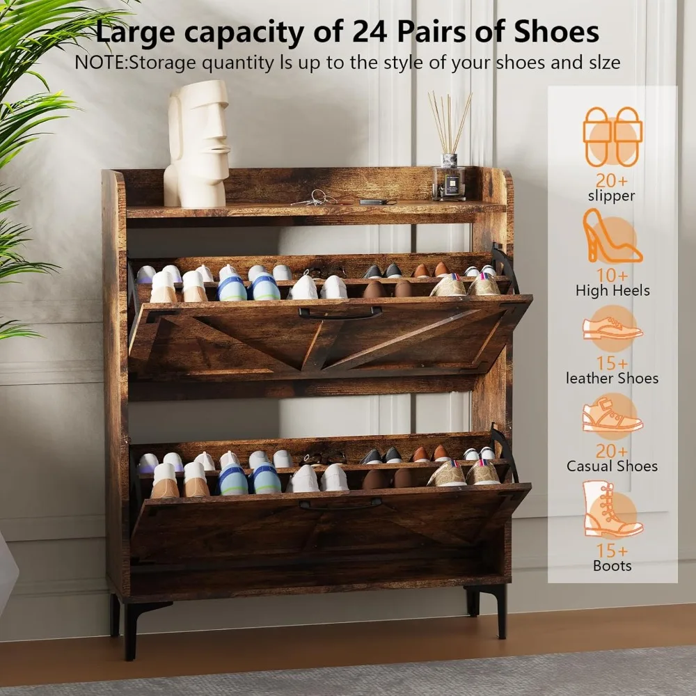 Armoire de rangement pour chaussures T1, armoire à chaussures étroite, armoire à chaussures à proximité rabattable, évaluation autoportante avec pieds en métal pour l'entrée