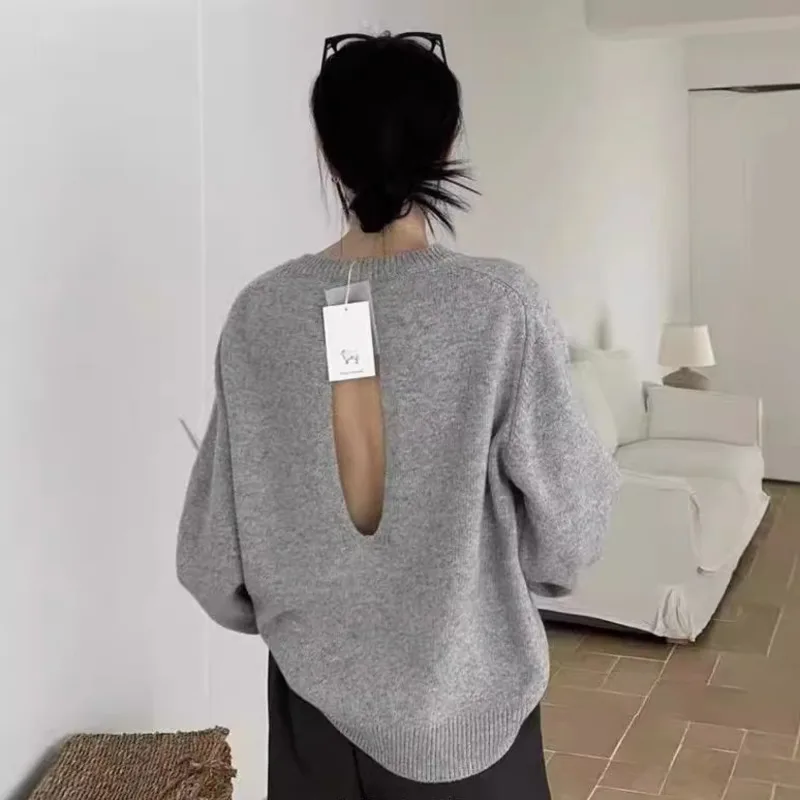 Grey Backless Korean Knitted Sweaters Cut Out Sexy Long Sleeve Pullovers O-neck High Street Cashmere Tops Casual Women Knitwear