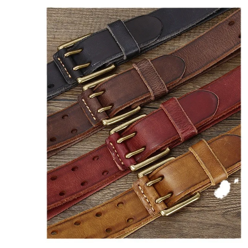 The first layer of cowhide belt hole free size quality jeans  strap vintage buckle waist  metal genuine luxury mens leather belt