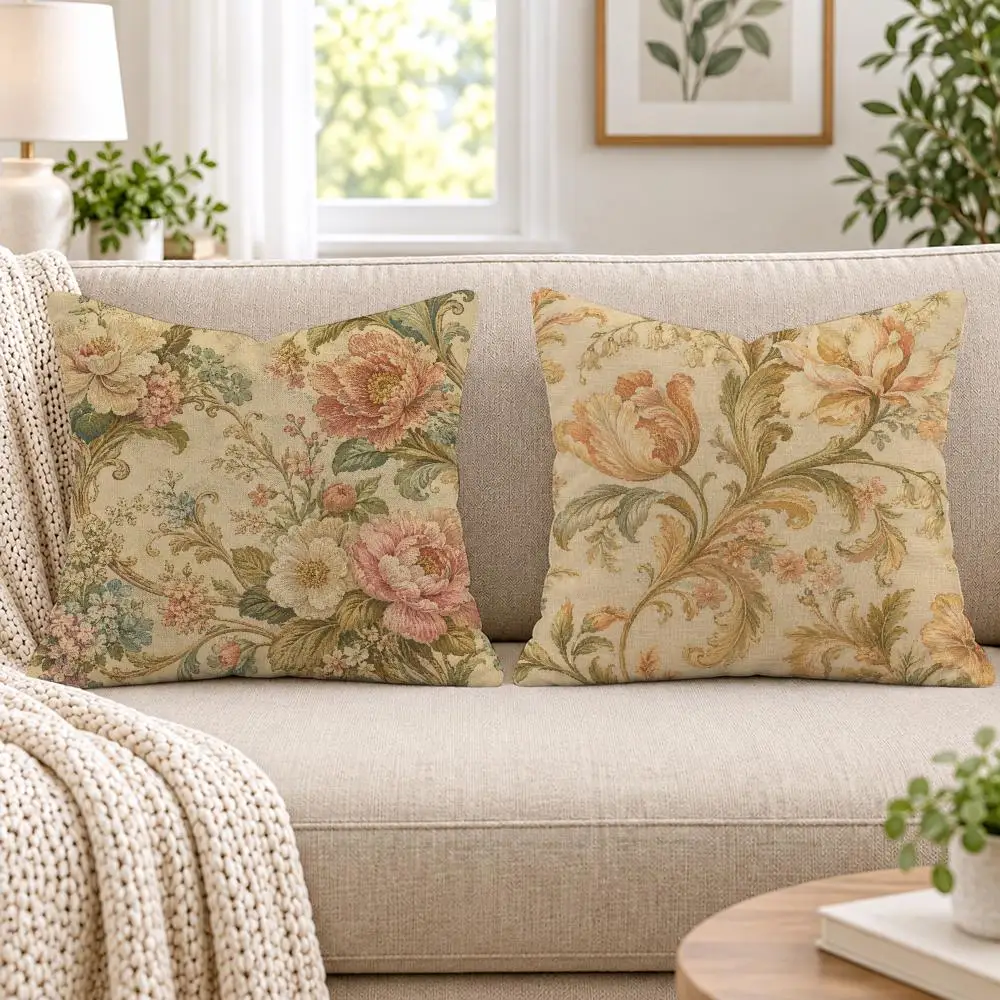 Vintage French Country Floral Cushion Cover Soft Short Plush Pillow Cases Hidden Zipper Cutecore Sofa Bedroom Home Decor Gift