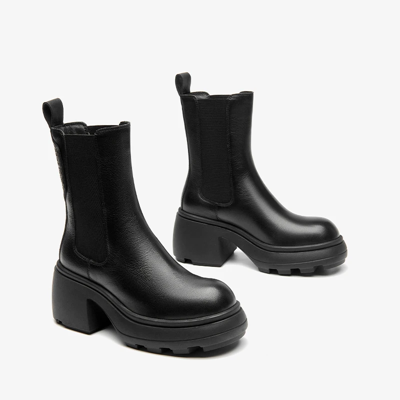 BEAUTODAY Chelsea Boots kobiety prawdziwa bydlęca skóra jednolity kolor z okrągłym noskiem wsuwane gumki zimowe damskie buty ręcznie robione 03 a53