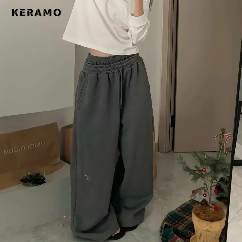 2024 Summer Casual Style High Waist Wide Leg Straight Pants Women's Grey oose Fit Cozy Vintage Full Length Fashion Trousers