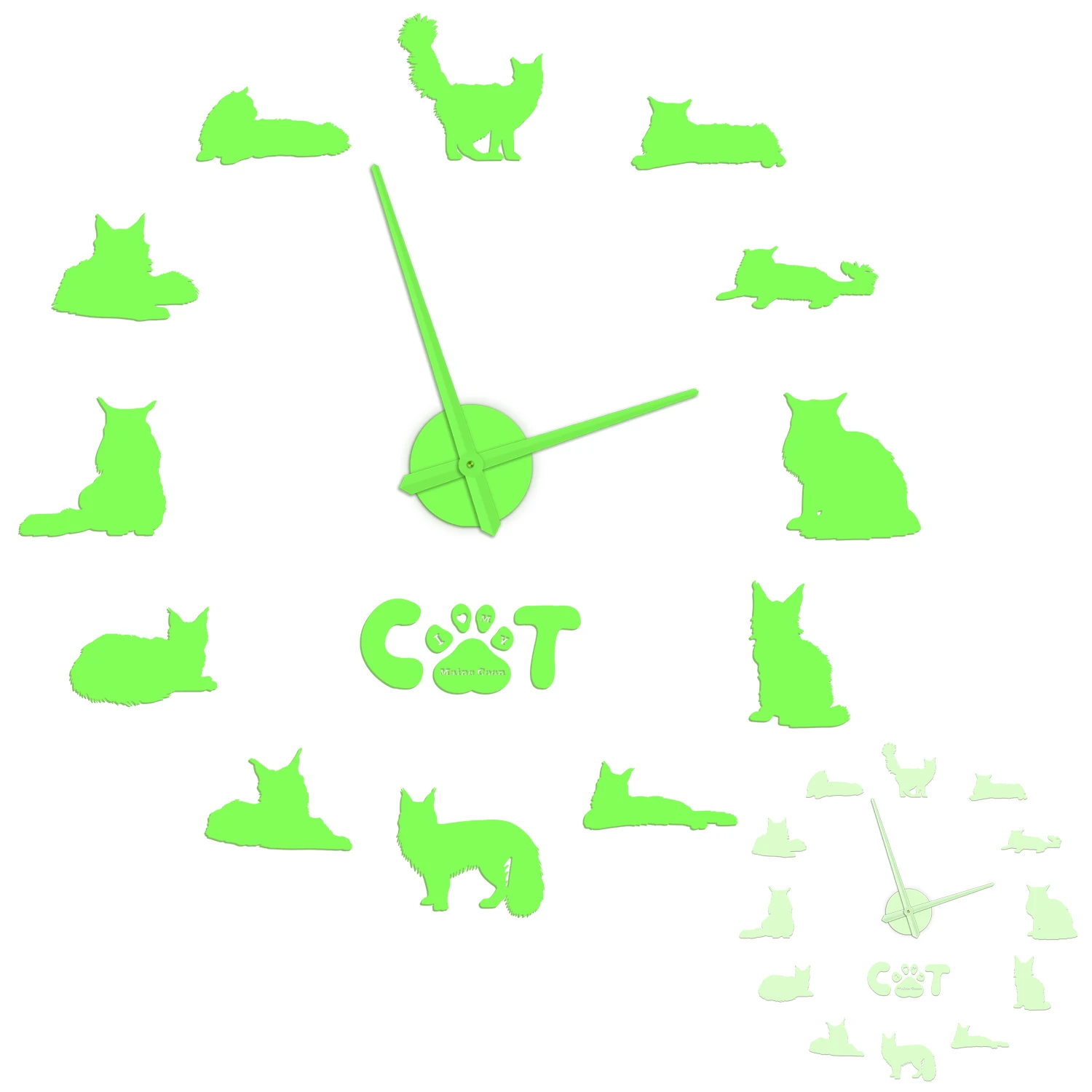 The Gentle Giant Maine Coon Wall Clock Glow In Dark Kitten Cat Silhouette Pet Shop Decor Large Self Adhesive DIY Stickers Watch