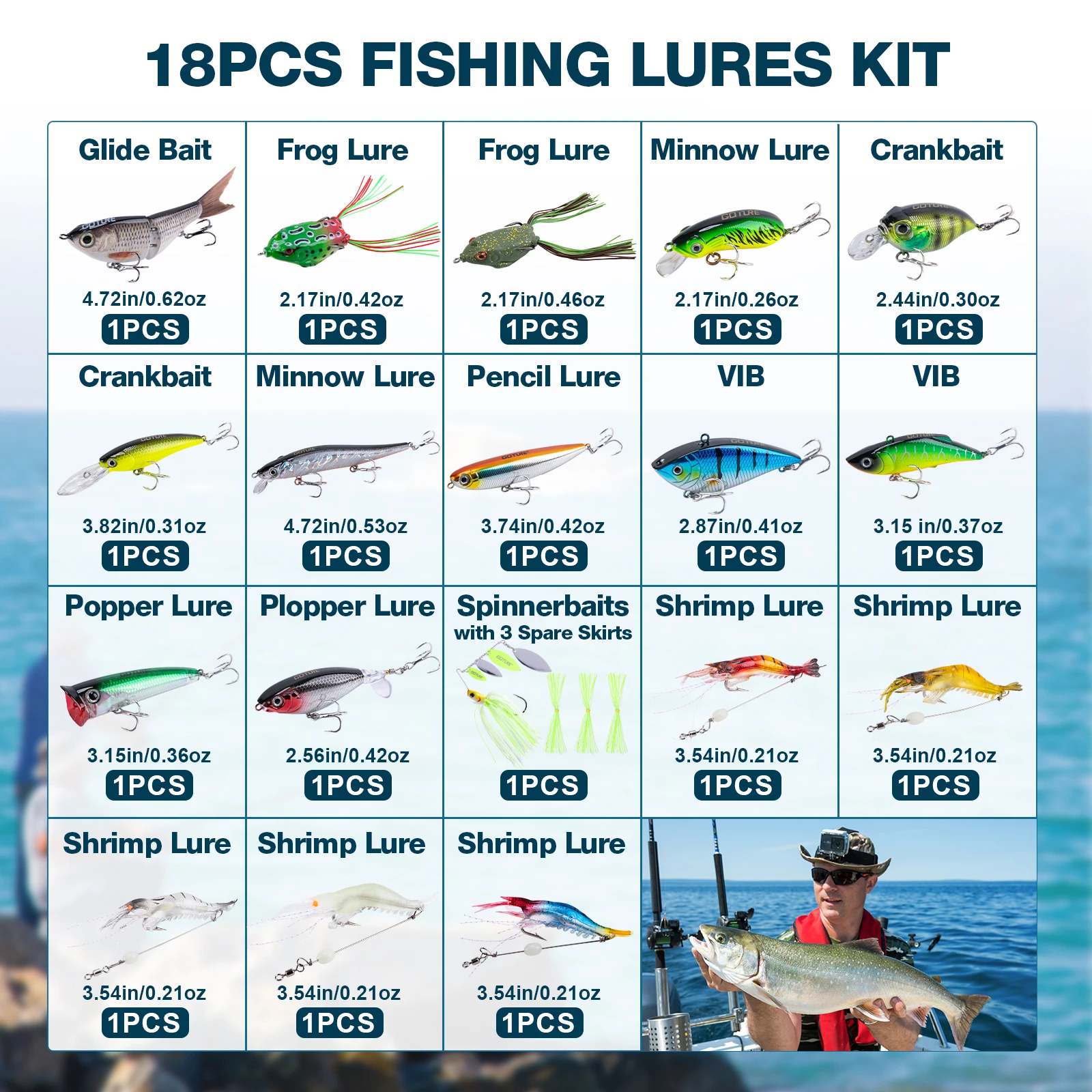 

Набор рыболовных приманок Goture Premium, 18 шт., реалистичные многосоставные воблеры, незацепляющиеся приманки-лягушки для ловли баса, форели, лосося, для морской рыбалки