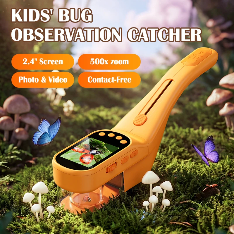 500X Kids Bug Catcher Microscope, 8 LED Fill Light, Photo Video Record, 1000mAh Battery, Type-C PC Transmission, Portable Outdoo