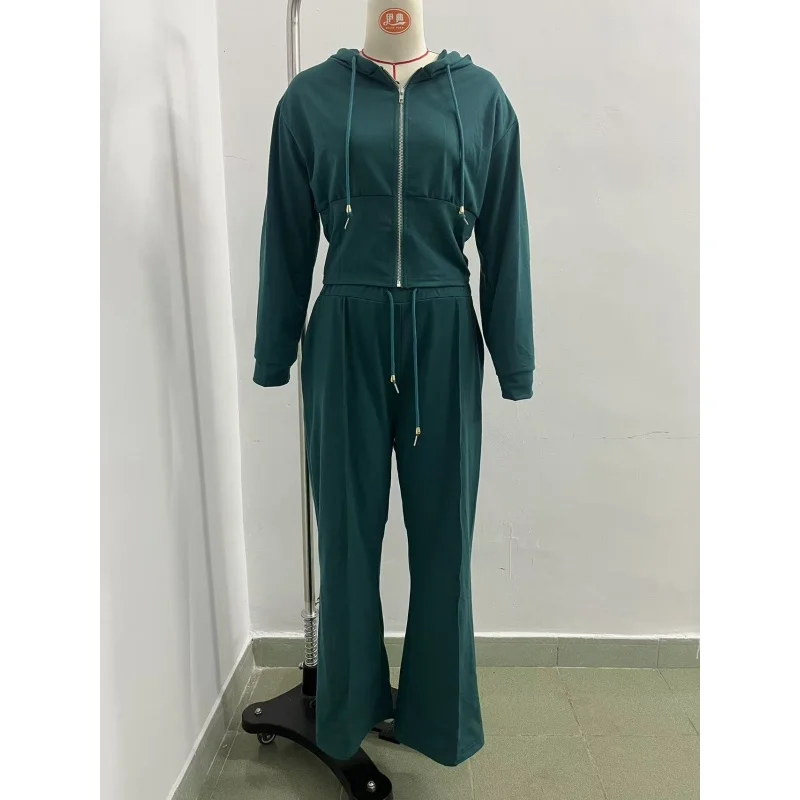 Damen 2-teiliger Trainingsanzug mit Kapuze, Reißverschluss-Crop-Jacke und hochtaillierter Schlaghose, lässiges Sport-Outfit für Damen – Detail 9