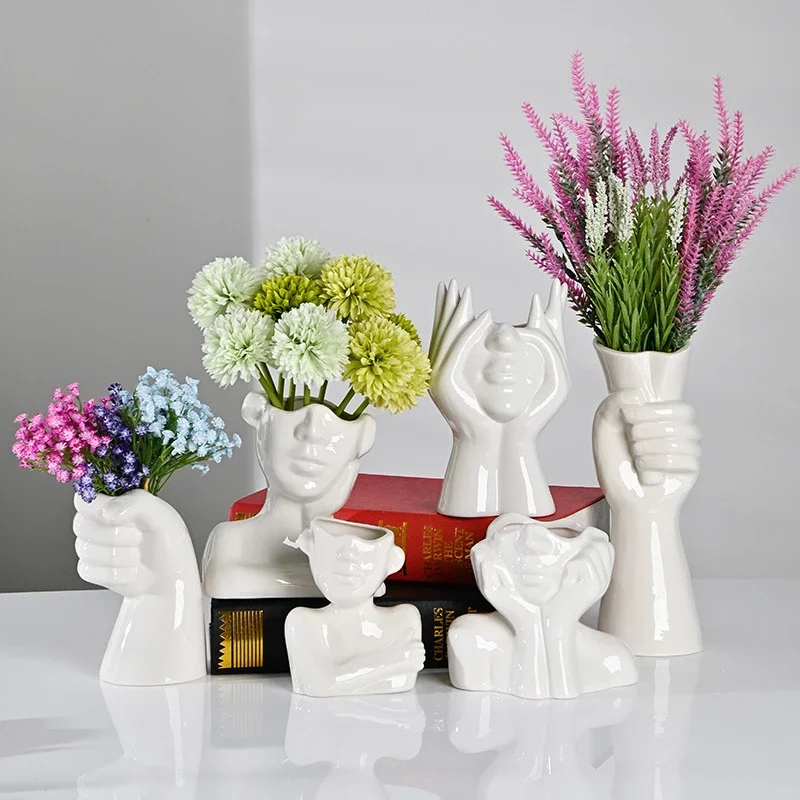 Face Hand Ceramic Flower Vase Desktop Decoration Tabletop Ornaments Creative Ceramic Vase Dried Flower Pot Home Decoration