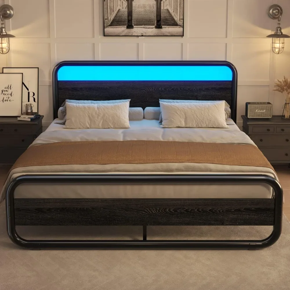 king size bed frame,Metal king bed frame, With LED headboard and footboard, With under bed storage space, No box spring required