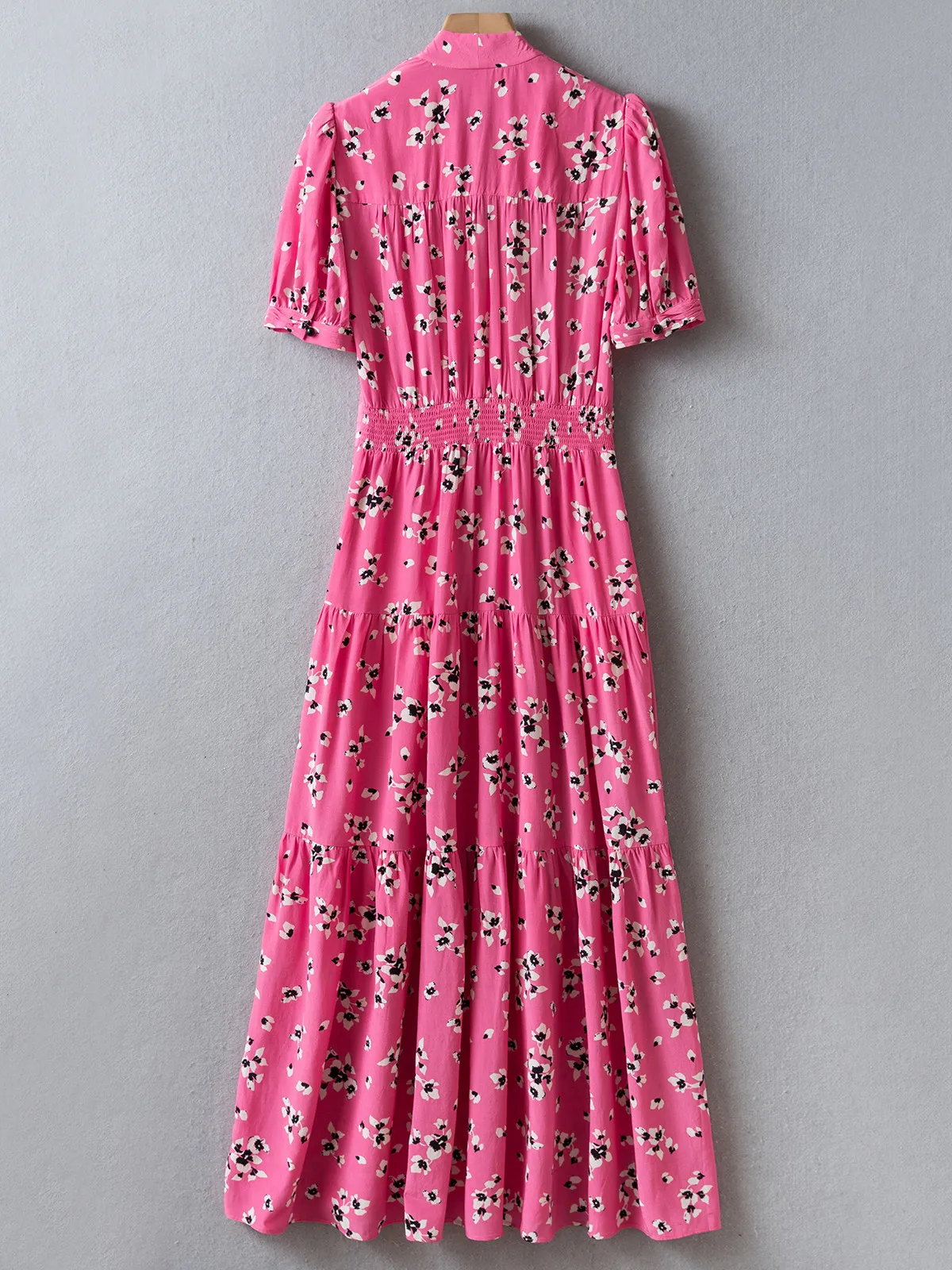 Pink Resort Style Island Bouquet Puff Sleeve Crepe Dress US2-US 12