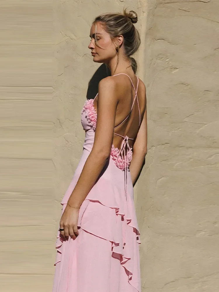 

Sweet Pink 3d Flower Dresses For Women Deep V Backless Lace Up Off Shoulder Layered Ruffle Bodycon Robe Summer Lady Evening Gown