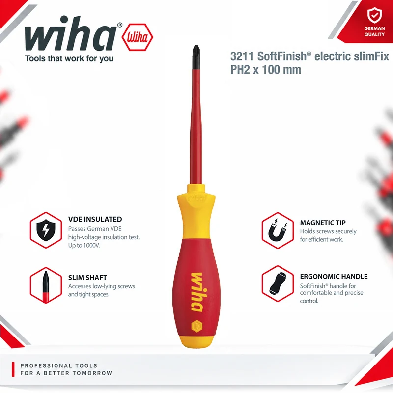 Wiha 35394 SoftFinish VDE Insulated Slim Shaft Screwdriver, 3211 PH2 x 100mm, Electrician Hand Tools
