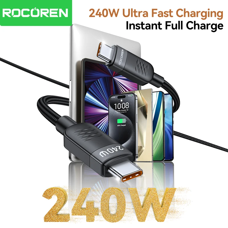 Rocoren 240W Fast Charging USB-C to USB-C Data Cable PD3.1 Quick charging Type C Cord For MacBook iPhone 15 Samsung Galaxy S24