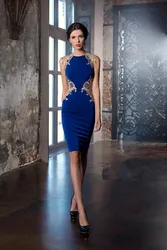 Royal Blue Mother of the Bride Dresses Sleeveless Gold Lace Appliques Silk Satin Sheath Knee Banquet Wedding Evening Prom Gowns