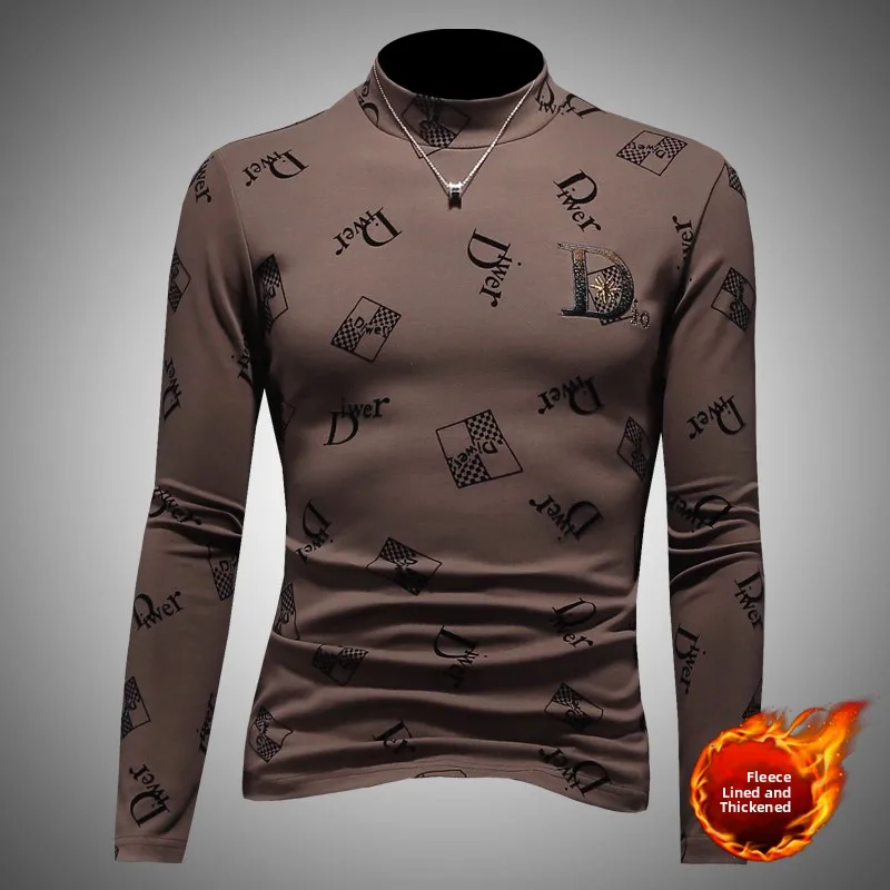 

Men's Slim Fit Long Sve T-irt f High Collar Embroidered Floing Letter Design Thiened Autumn Winter Base Layer Top