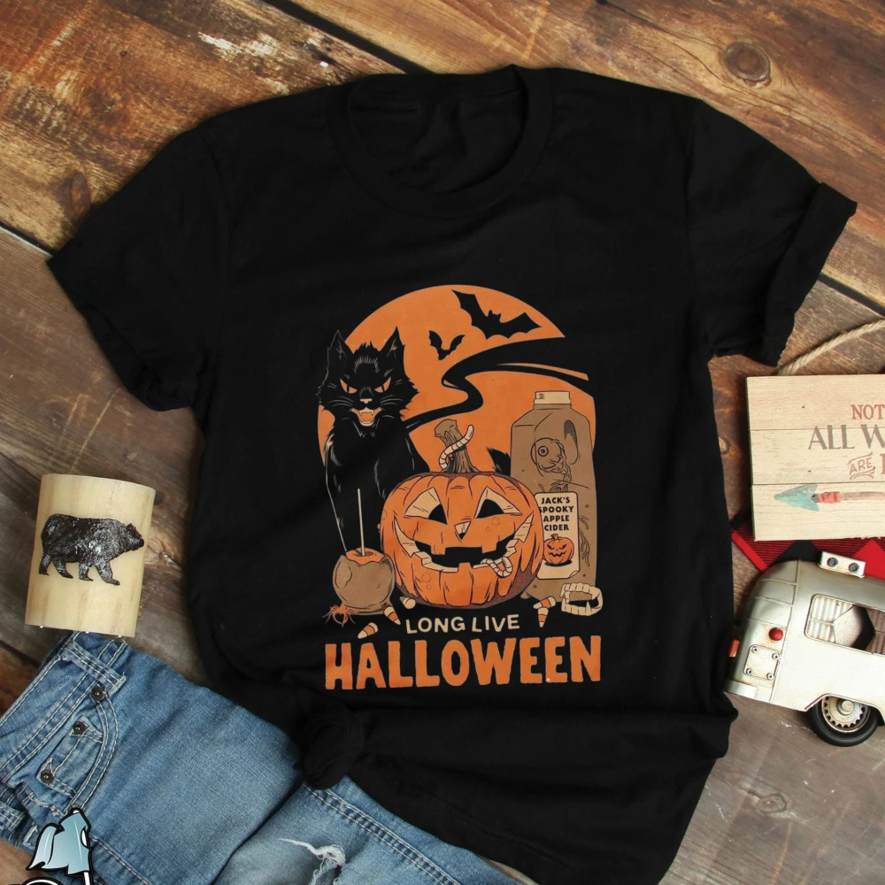 Long Live Halloween Black Cat Unisex Tee Fashion Casual Top Trendy Cotton Streetwear Shirt Pumpkin Cider Graphic Spooky Tshirt