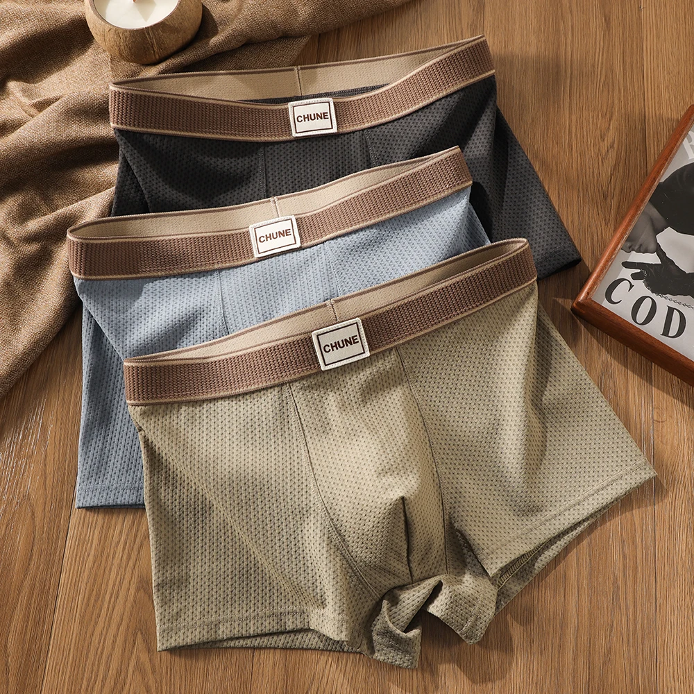 

3PCS/Pack Fashion Plaid Knit Ice Silk Men's Panties Breathable Skin-friendly Mesh Crotch Boxers Hombre High Elastic Underpants