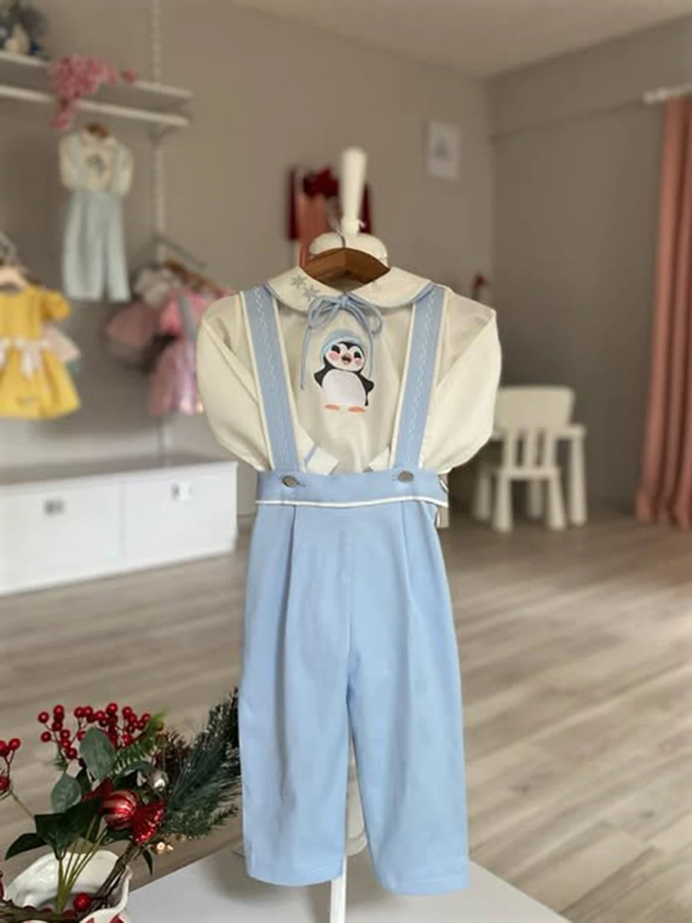 0-6Y Baby Boy Autumn Winter Penguin Snowflakes Embroidery Blue White Outfit Suit for Party Birthday Holiday Photography