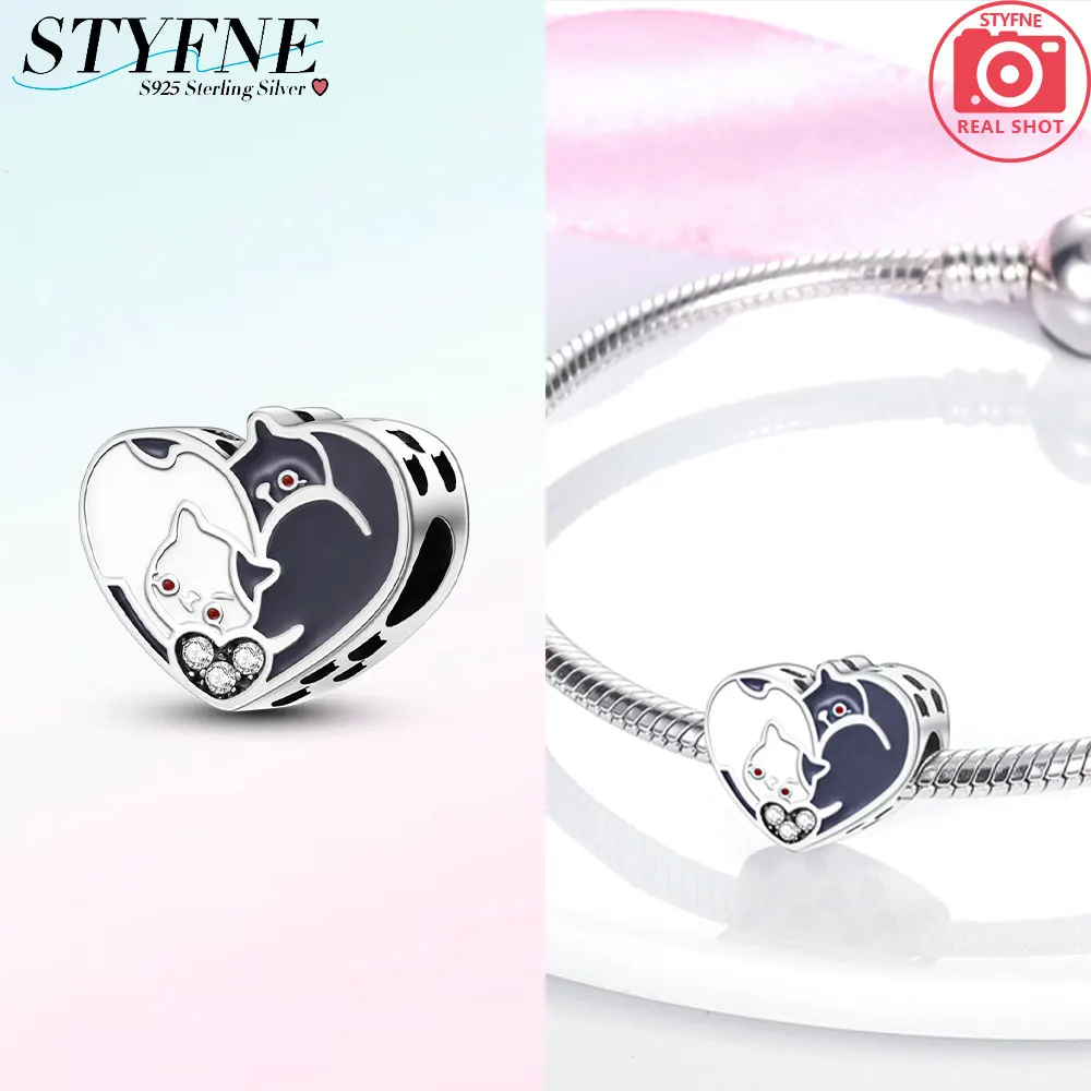 

Original Charms 925 Silver Black and White Cat Heart Pendants Fit Charms Plata 925 Bracelets for Women Jewelry Making Fine Gifts