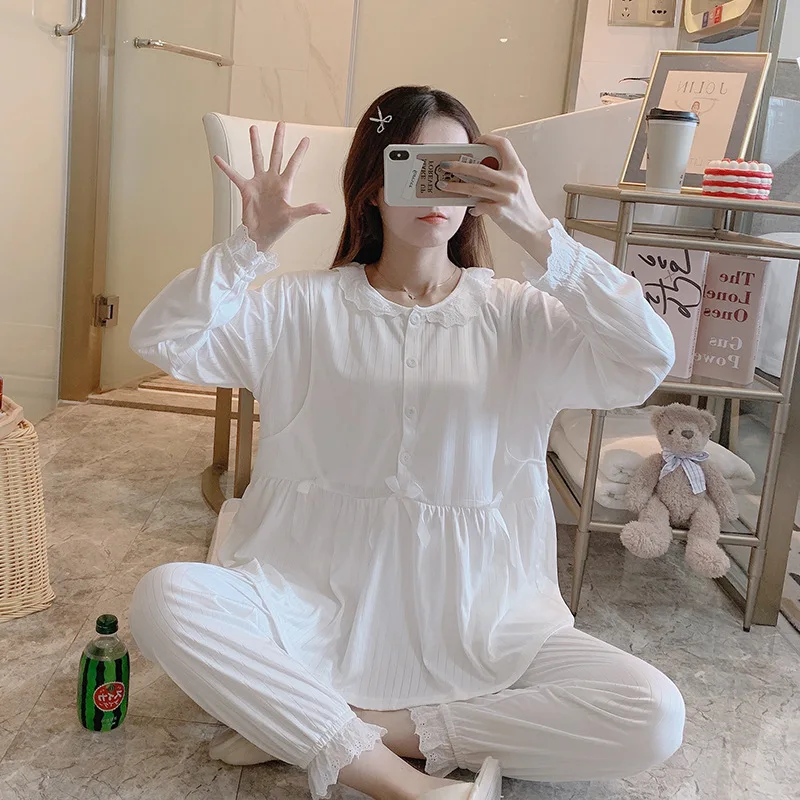 Maternity Spring and Fall Long-Sleeved Breastfeeding Pajamas Homewear Suit Spring and Summer Monthly Clothing Leisure Home Suit
