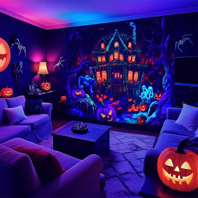 VIKAMA Halloween Blacklight Neon Skull Haunted House Tapestry, Spooky Pumpkin Wall Hanging for Bedroom, Gothic Party Decor