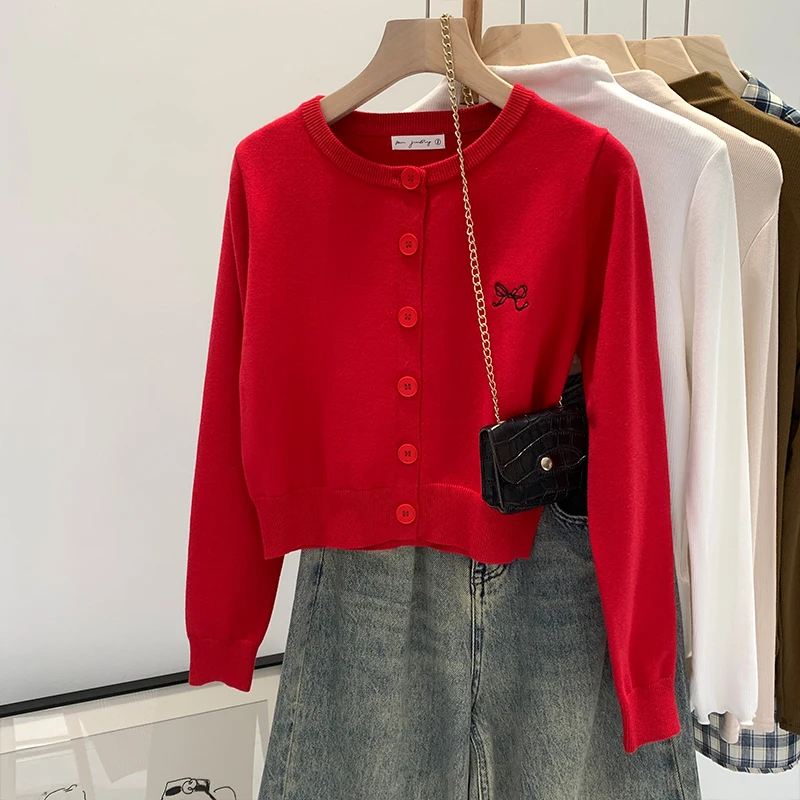 

Sweaters Long Sleeve O-Neck Knitted Sweater Women Cardigans Fashion Embroidery Knit Sweater Cardigan Women Tops Knitwears Q3351