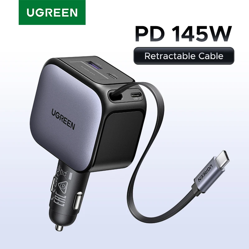 

UGREEN 145W 90W 60W Car Charger 3 USB-C & 1 USB-A Ports PD QC4.0 Fast Charging with Retractable Cable for iPhone 15 Pro MacBook