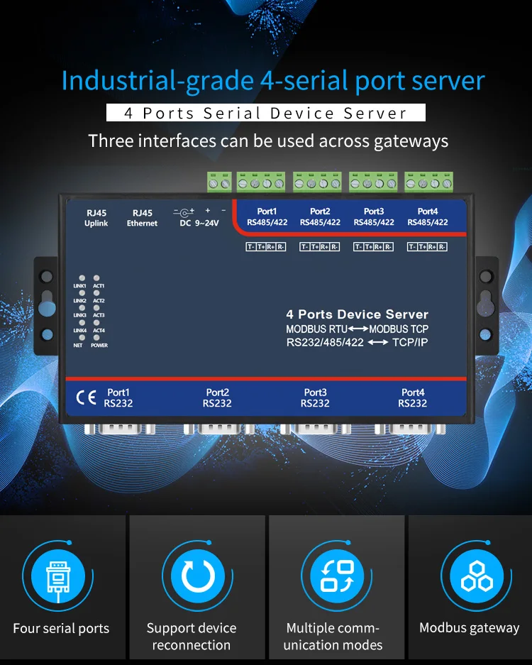 Neutraal label Geen merklogo OEM-aanpassing Seriële communicatieserver 4-poorts RS232/485/422 naar Ethernet-poortmodule
