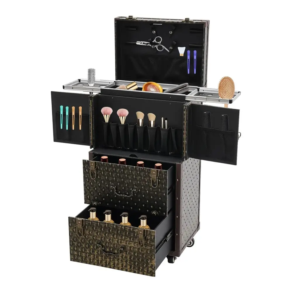 Portable Lockable Makeup Train Case with Wheels, Black Travel Organizer for Stylists and Barbers