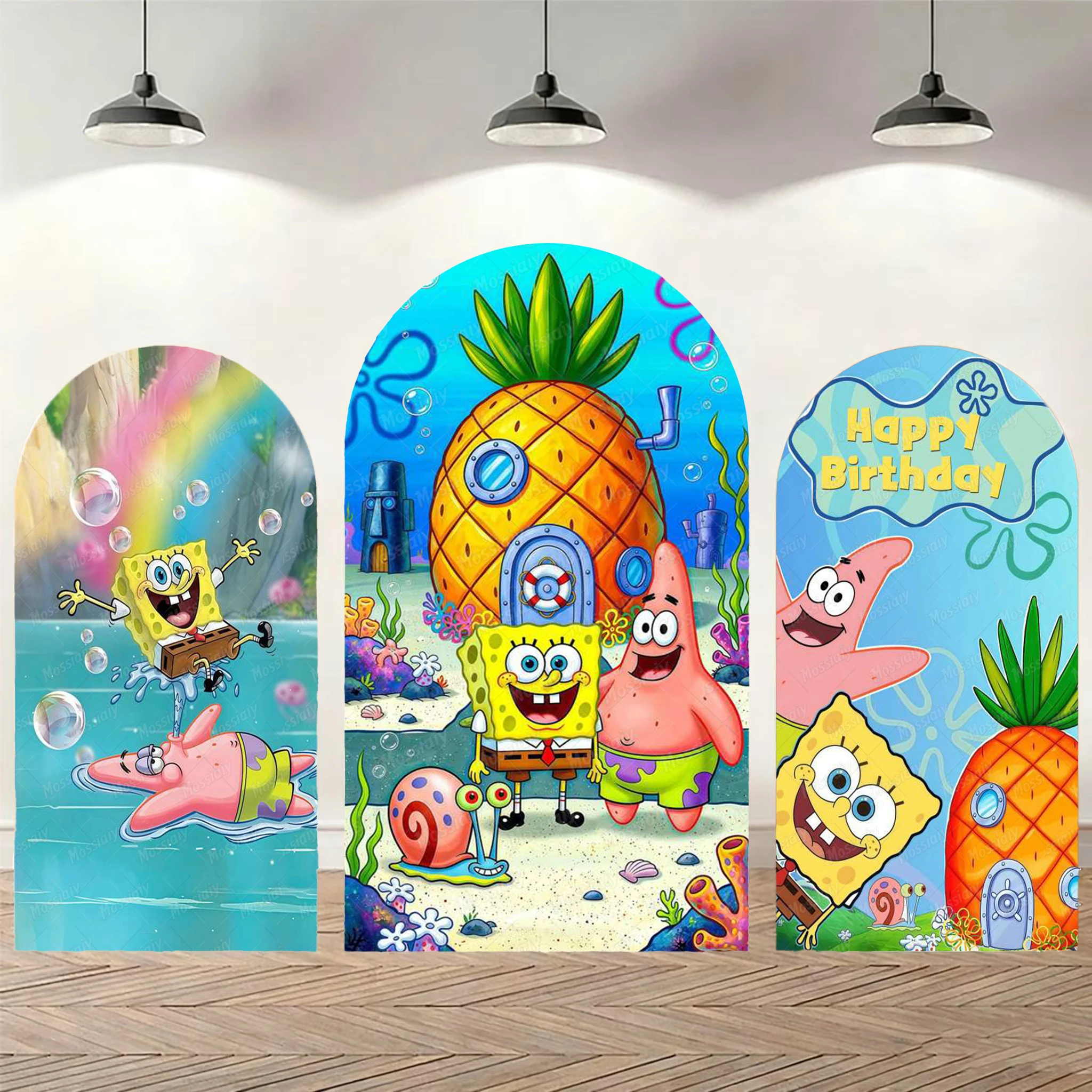 Toile de fond en forme d'arche sur le thème de Bob l'éponge, maison d'ananas, décoration de fête d'anniversaire pour enfants, fond photo mural, fournitures pour baby shower