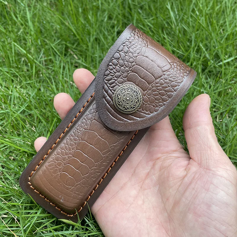 15 CM Foling Knife Holder Embossed Cowhide Scabbard Pocket Knife Cover Leather Sheath Case Camping Knife Holsters Belt Buckle