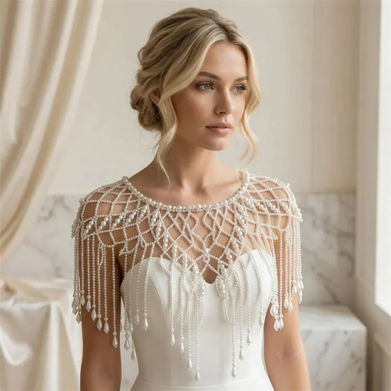 Brautschal mit Perlenbesatz, handgefertigter Quastenschal als Schulterüberzug für Braut, Abendgarderobe, Hochzeit/Brautaccessoires 2026 – Detail 3