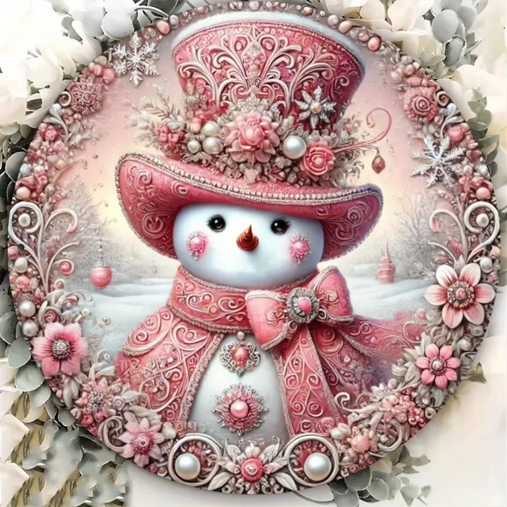 

Wall Decor，Charming Pink Floral Snowman Metal Sign - Festive Christmas & New Year Decor - For Home, Unique Holiday Gift for Fam