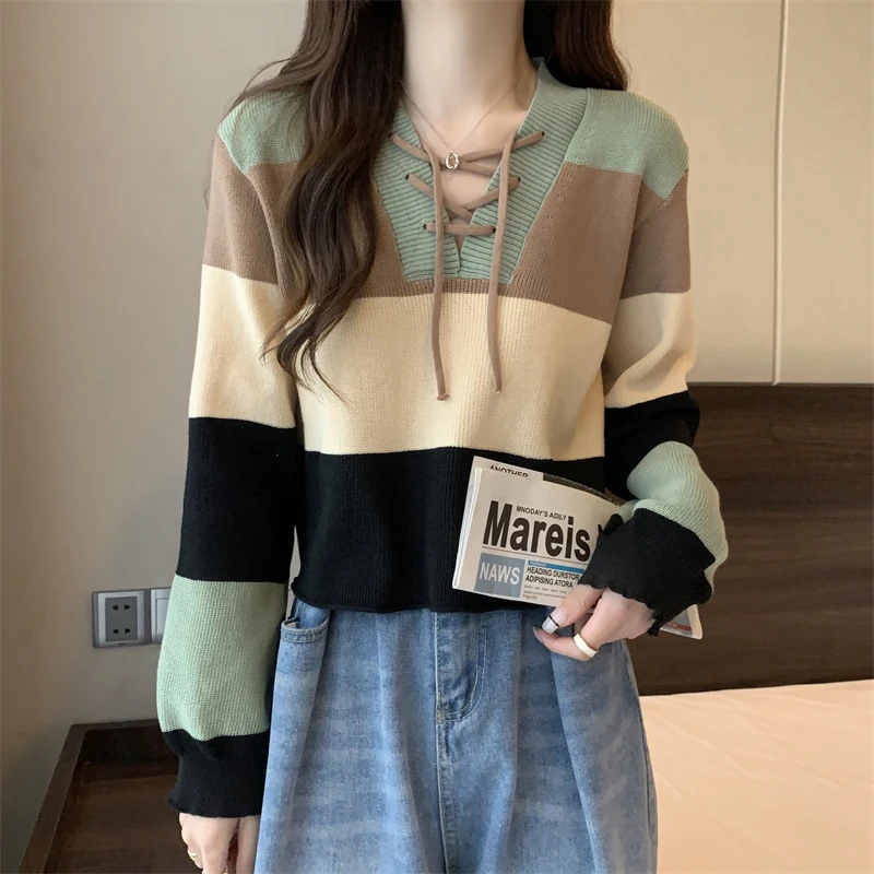 Korean Fashion Color matching Knitted Sweater Woman spring Pullover Harajuku lace up Cropped Tops korean Casual Jumper Sweaters