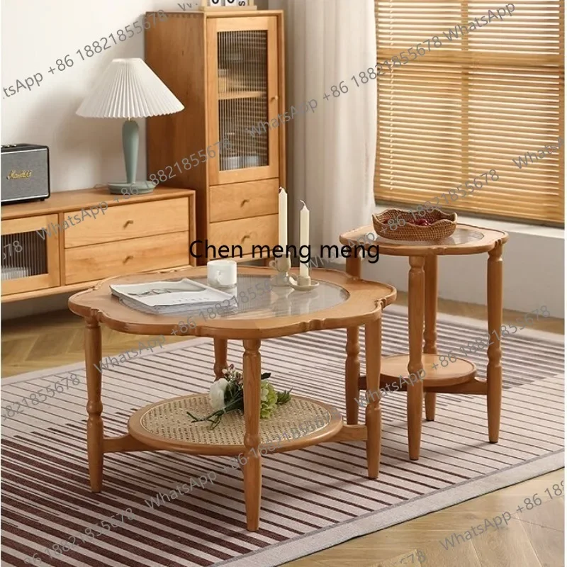 M183 Solid wood rattan flower coffee table cherry wood Changhong glass living room retro lace table