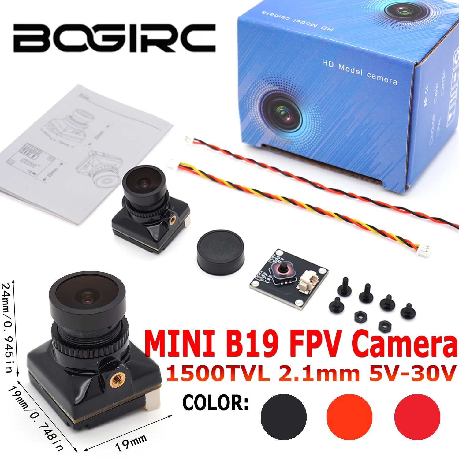 B​OGIRC MINI B19 1500TVL 2.1mm FPV Camera DC 5-30V PAL / NTSC With OSD Internal Adjustable For RC FPV Racing Drone Model Parts