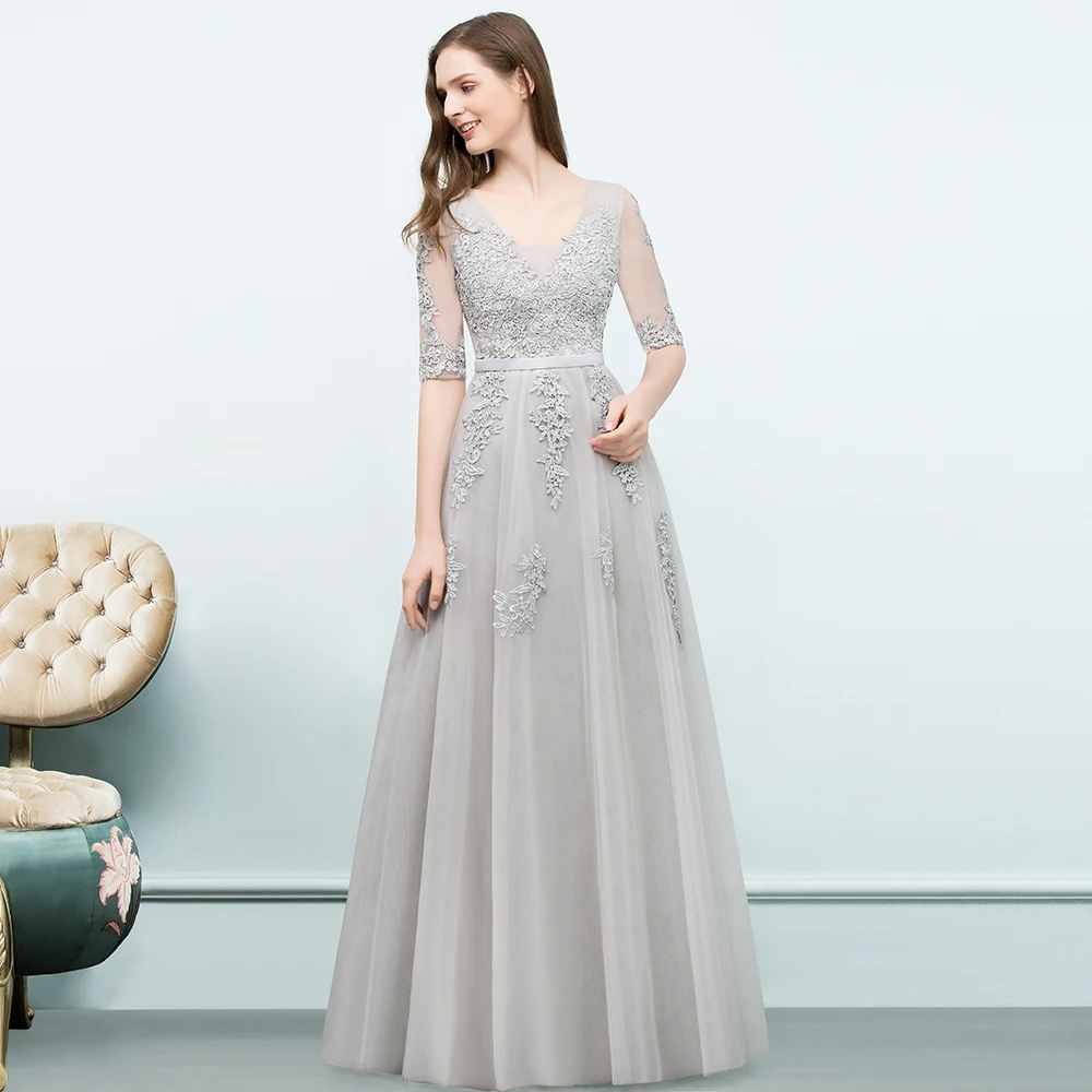 BABYONLINE Sliver Evening Dress with Sheer Sleeves & Floral Embroidery, Elegant A-Line Gown with V-Back for Wedding Party