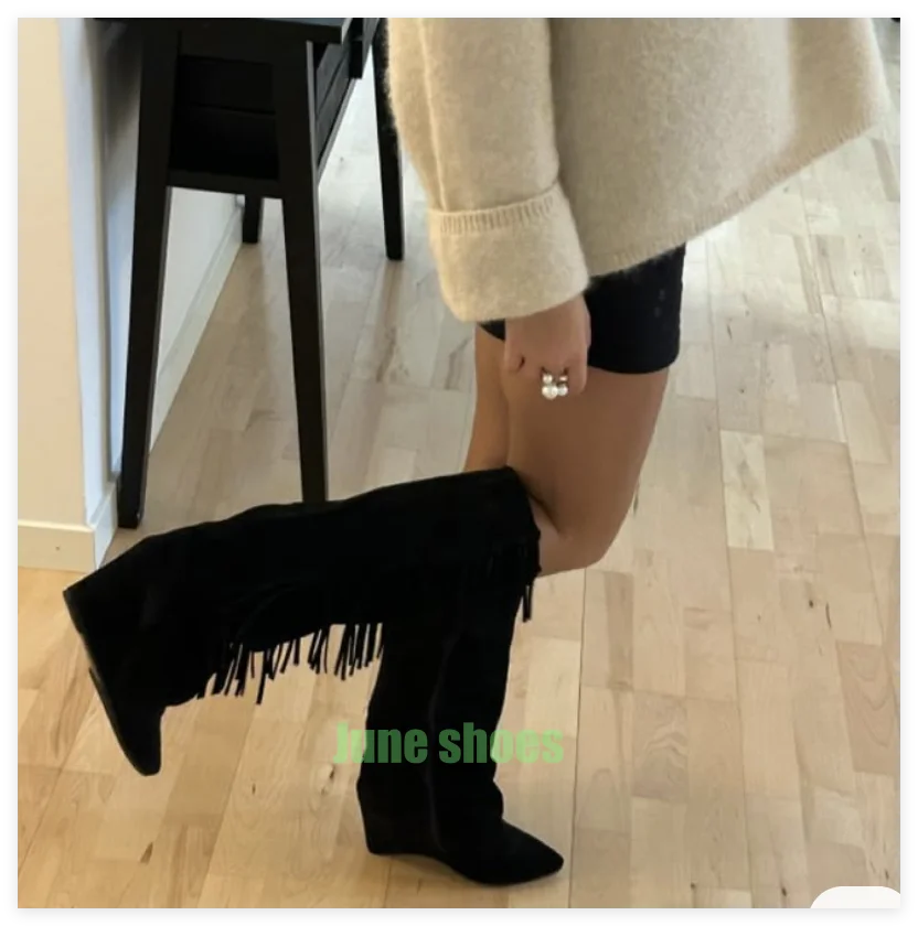 

Lady Black Suede Tassel Pointed Toe Wedges Heel Knee Boots Footwear Fall Tassel Black Suede Cowboy New Arrive Knee Size 34-45
